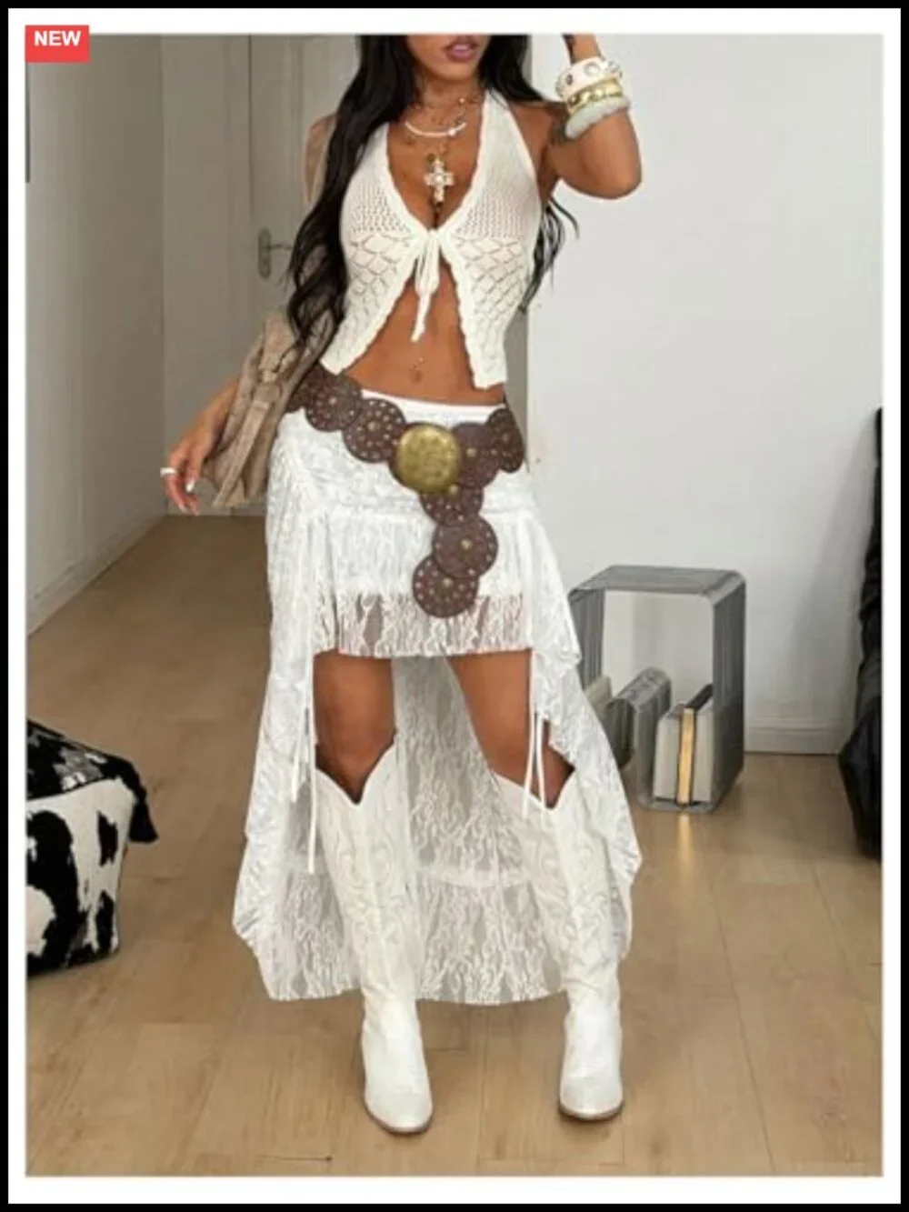 Women's Floral Lace Sheer Y2K Cowgirl Western Ruffle Maxi Skirt